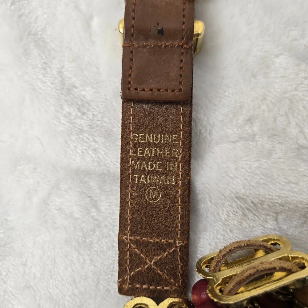 Vintage Express Brown Genuine Leather Wood Bead Gold Metal Link Belt Womens M